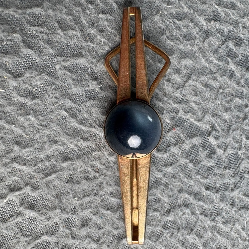 Vintage Swank Gold Tone Tie Clip Gray Cabochon Mid Century Modern Mens Accessory